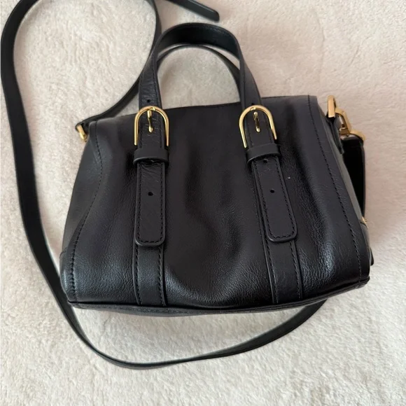 Fossil Mini Carli Satchel Crossbody Black Leather Gold Hardware - Picture 3 of 8